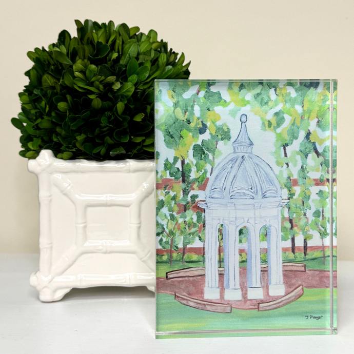 This is a ecu freestanding acrylic art block. It features the iconic ECU Cupola on the campus of East Carolina University.  It has shades of green, blue, gray, white, brown and brick. This art block would make a great gift for an ECU Pirates fan, alumni or graduate.
