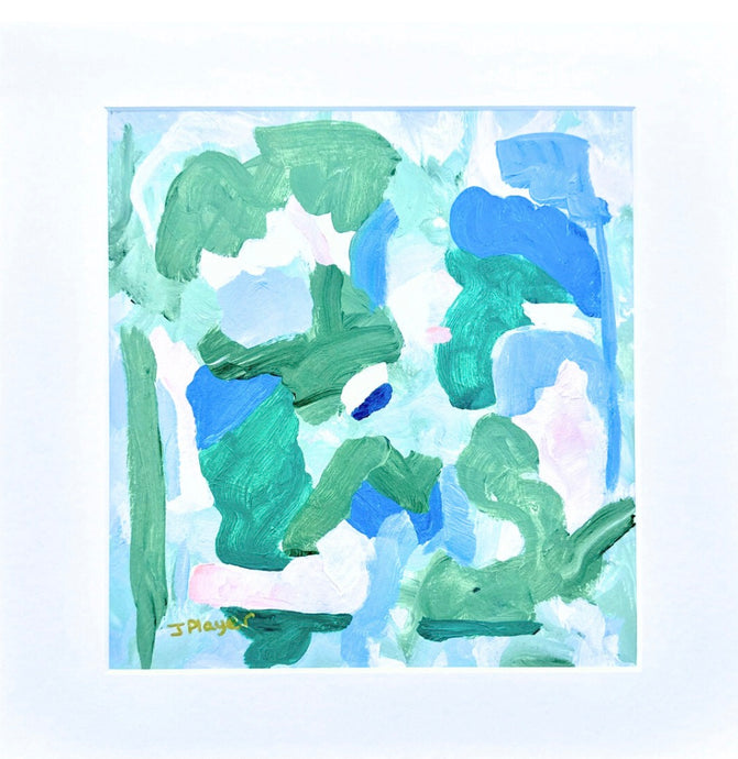 This is a square piece of abstract art on paper. It has shades of blue, green, white and pink. It is in a white mat. It is an original expressionistic work of art.