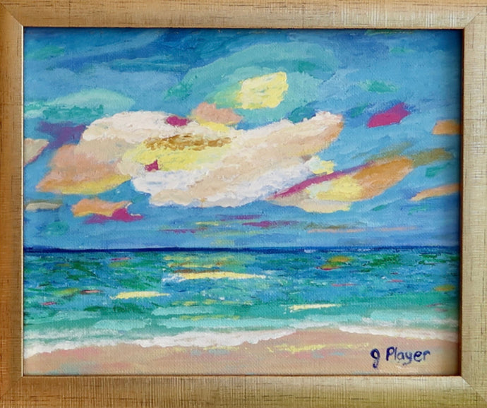 Sherbet Sunset is a small colorful abstract beach painting. This painting a tan colored sand, with green and blue water, and a bright colorful cloudy sky with tan, blue, green, pink, yellow, peach and white. These colors are also reflected in the water. 