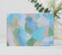 Load image into Gallery viewer, Coastal Abstract Note Card with blue, green, aqua, peach, white, blue and yellow colors. Stationery set of 10
