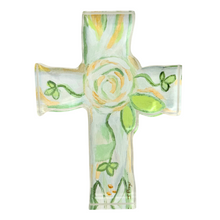 Load image into Gallery viewer, The faith cross is an abstract floral Christian Cross with shades of green, white and gold. It is a free standing block made of thick acrylic and paper and measures 5 x 7 inches.
