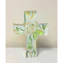 Load image into Gallery viewer, This is a free standing acrylic art block cut out into the shape of a cross. This floral inspired cross has shades of green, gold and white. It is made of acrylic and paper.
