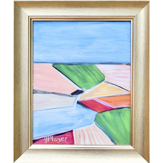 Abstract landscape painting on cavnas. This colorful painting has shades of blue, green, white, black, tan, yellow, red and orange. It is vertical and comes in a champagne gold frame.