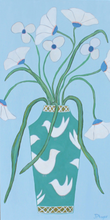Load image into Gallery viewer, Fleurs d’Amour original floral painting – white and blue flowers on light blue background with green vase, white doves, and gold lattice, 18x36 inch canvas.”
