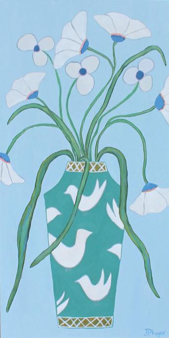 Fleurs d’Amour original floral painting – white and blue flowers on light blue background with green vase, white doves, and gold lattice, 18x36 inch canvas.”