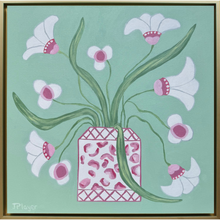 Load image into Gallery viewer, Fleurs Joyeuses original floral painting – bold expressive 20x20 inch square canvas with green, rose, white and pink flowers in animal print vase with lattice design.
