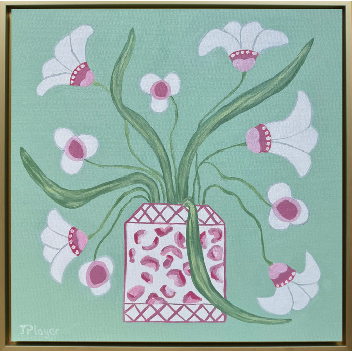 Fleurs Joyeuses original floral painting – bold expressive 20x20 inch square canvas with green, rose, white and pink flowers in animal print vase with lattice design.