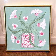 Load image into Gallery viewer, Square 20x20 acrylic floral painting – sophisticated pink, rose, white and green flowers with animal print vase and white and rosy red lattice work
