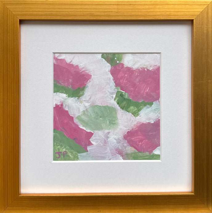 Floral Fun – Mini abstract floral painting in bright, cheerful colors, shown matted and in an optional gold tabletop frame. Perfect decorative art piece for bookcases, tabletops, or gallery walls.