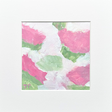 Load image into Gallery viewer, Floral Fun is a colorful abstract painting on paper with shades of red, green and white. It is in a square white mat.
