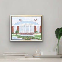 Load image into Gallery viewer, Original acrylic painting of Coleman Coliseum at the University of Alabama featuring the iconic arched roof, Alabama flags, and landscaped entrance in a gold float frame.
