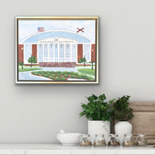 Load image into Gallery viewer, Officially licensed Alabama wall art of Coleman Coliseum hand painted on 11x14 canvas by Jeanne Player with soft blue skies, Crimson Tide details, and elegant gold framing.
