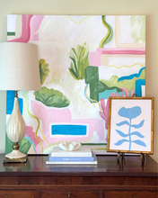 Load image into Gallery viewer, Original floral art on canvas with shades of light blue and blush pink.
