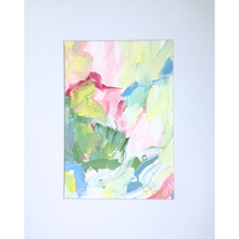 Load image into Gallery viewer, Garden Mosaic I, a small original abstract painting on paper with soft pastel shades of blue, green, pink, yellow, rose, and white. The 5x7 artwork comes matted to 8x10 and signed in gold.
