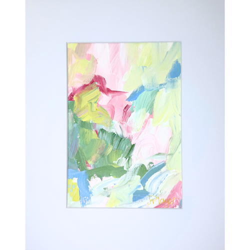 Garden Mosaic I, a small original abstract painting on paper with soft pastel shades of blue, green, pink, yellow, rose, and white. The 5x7 artwork comes matted to 8x10 and signed in gold.