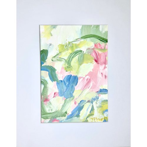 Garden Mosaic II, a small original abstract painting on paper with soft pastel shades of blue, green, pink, yellow, rose, and white. The 5x7 artwork comes matted to 8x10 and signed in gold.