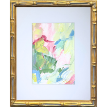 Load image into Gallery viewer, Vertical original painting on cold press watercolor paper with shades of blue, green, yellow, white, pink, blush and red. Signed with a gold pen by artist Jeanne Player.
