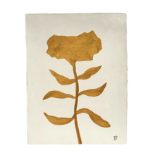 Load image into Gallery viewer, Minimalist gold botanical painting on textured white paper, featuring a single abstract flower silhouette in warm metallic gold, modern and timeless wall art.
