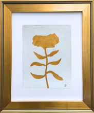 Load image into Gallery viewer, Modern abstract botanical art in gold, featuring a stylized floral stem painted on white paper, simple and sophisticated wall decor.
