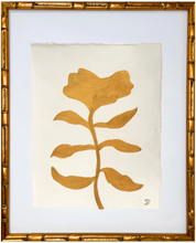 Load image into Gallery viewer, Modern gold floral artwork with a simplified botanical stem painted in soft metallic gold on white paper, elegant and contemporary home decor.
