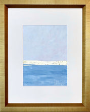Load image into Gallery viewer, This is an abstract and modern painting on paper. It has shades of white on the top part and blue on the gold. It has a gold leaf line dividing the two colors. It has a white mat and is in a gold frame. This is a vertical painting. It is signed J player by the artist on the front. It is an original work of art
