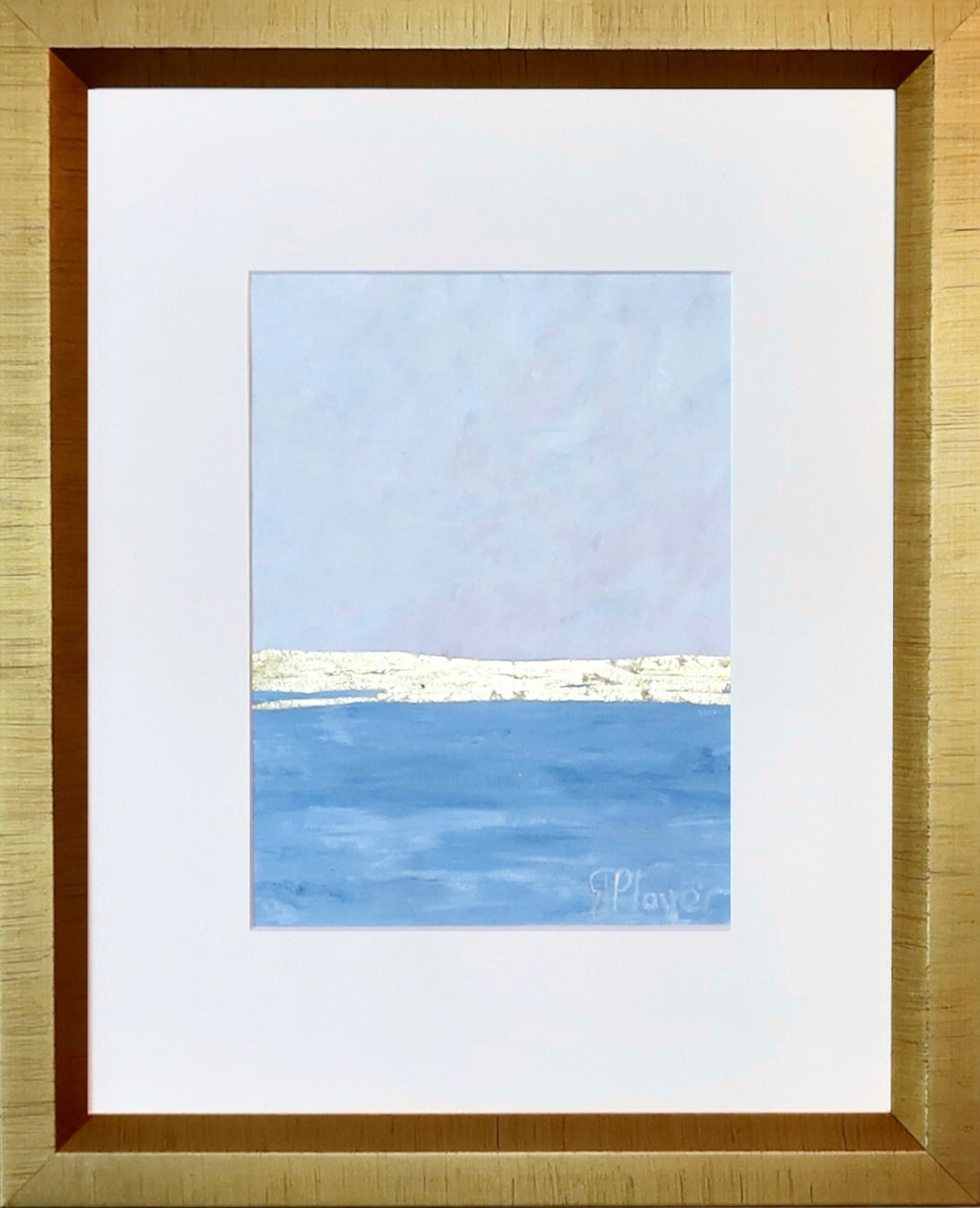 This is an abstract and modern painting on paper. It has shades of white on the top part and blue on the gold. It has a gold leaf line dividing the two colors. It has a white mat and is in a gold frame. This is a vertical painting. It is signed J player by the artist on the front. It is an original work of art