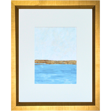 Load image into Gallery viewer, Golden Blue is a modern coastal inspired mixed media artwork.  It has shades of blue and white with gold leaf in the middle and an optional gold frame. It  has a white mat and fits an 11 x 14 inch frame.
