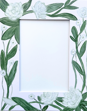 Load image into Gallery viewer, This is a vertical hand painted white rose mat measuring 8 x 10 inches.  It has an opening of 4.5 x 6.5 inches.  Perfect for displaying invitations, announcements or photos.
