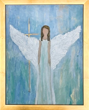 Load image into Gallery viewer, Guardian Angel is an abstract angel on canvas. This angel has on a blue green dress with her arms down. The white wings have lots of texture and are pointing up. There is a gold cross in the background. The background color of the artwork also has shades of blue, green, white and gold. It is an original painting and is vertical. It has a gold frame.
