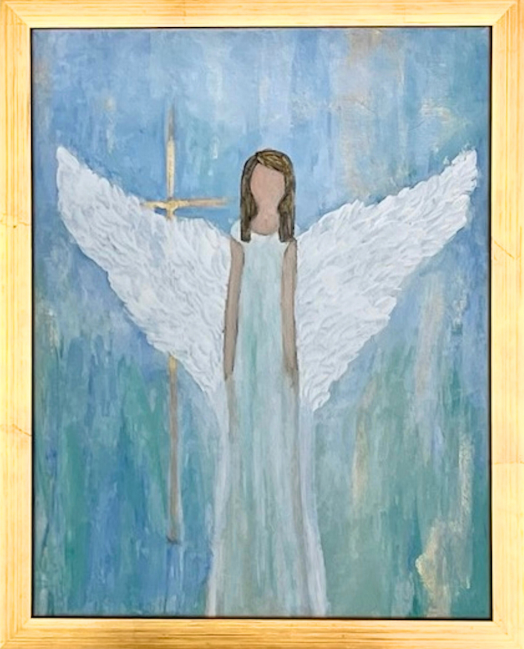 Guardian Angel is an abstract angel on canvas. This angel has on a blue green dress with her arms down. The white wings have lots of texture and are pointing up. There is a gold cross in the background. The background color of the artwork also has shades of blue, green, white and gold. It is an original painting and is vertical. It has a gold frame.