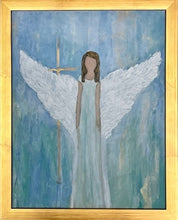 Load image into Gallery viewer, Guardian Angel is an abstract angel on canvas. This angel has on a blue green dress with her arms down. The white wings have lots of texture and are pointing up. There is a gold cross in the background. The background color of the artwork also has shades of blue, green, white and gold. It is an original painting  and is vertical. It has a gold frame.
