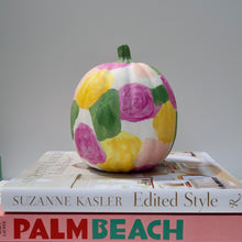 Load image into Gallery viewer, Close-up of colorful hand-painted pumpkin with whimsical floral-inspired design.
