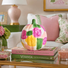 Load image into Gallery viewer, Hand painted pumpkin for Fall decorating with shades of pink, green, yellow and white.  Floral desgin.
