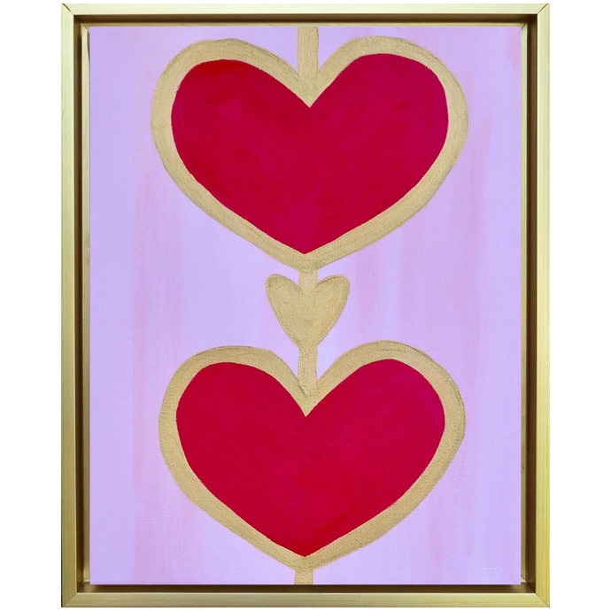 Heart Art on Canvas. Red Hearts outlined in gold on a pink background. Vertical Art on Canvas measuring 11 x 14 inches in a gold float frame.  Modern Heart Art. Pop Heart Art. Trending hearts.