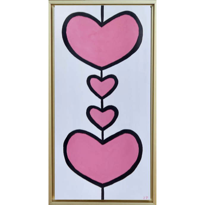 Pink Hearts on Canvas outlined in black on a white background. There are 2 large hearts and 2 smaller ones. This is a vertical painting and is a gold float frame. Each heart can represent a family member. With this painting it would be a family of four.