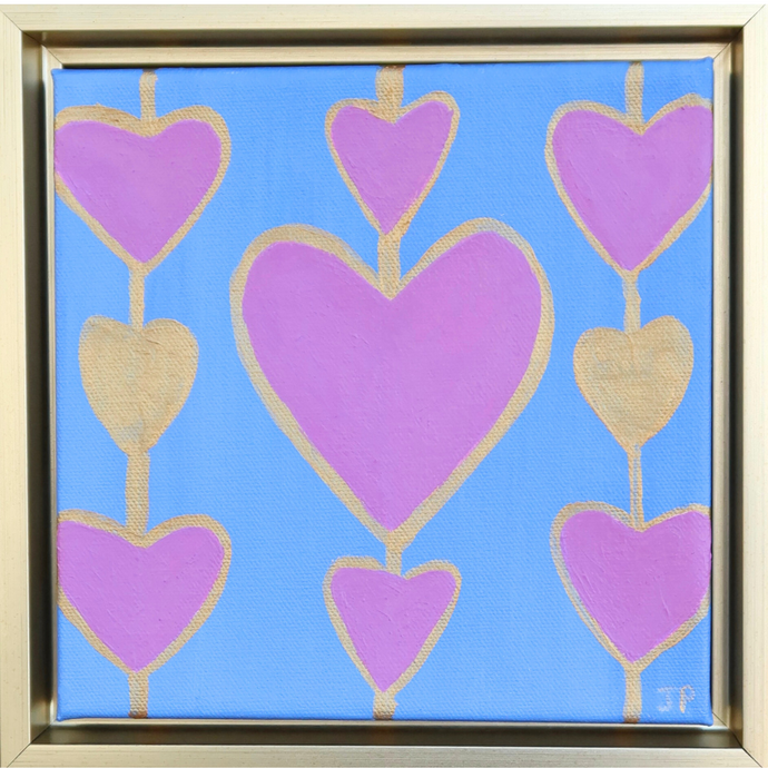 Bold heart art on canvas. Seven fuchsia hearts oulined in gold and two gold hearts appear in 3 rows.  This original work of art is square and in a gold float frame.