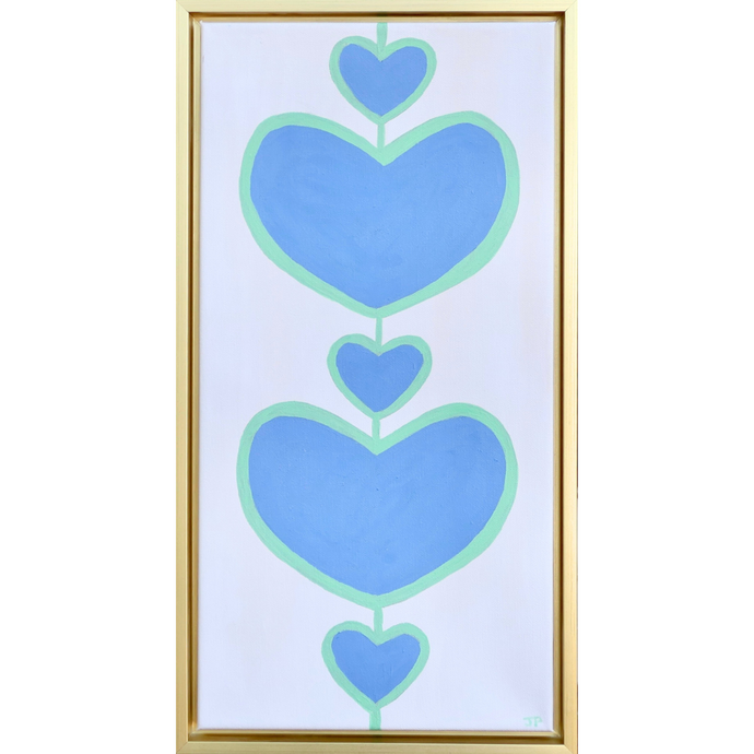 Bold Heart Classic Art. This colorful painting on canvas has 2 large blue hearts outlined in green with three smaller blue hearts  outlined in green on a white canvas. This is a modern and contemporary style painting. It  is vertical and comes in a gold float frame.