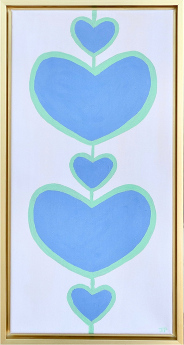 Bold Heart Classic Art. This colorful painting on canvas has 2 large blue hearts outlined in green with three smaller blue hearts  outlined in green on a white canvas. This is a modern and contemporary style painting. It  is vertical and comes in a gold float frame.