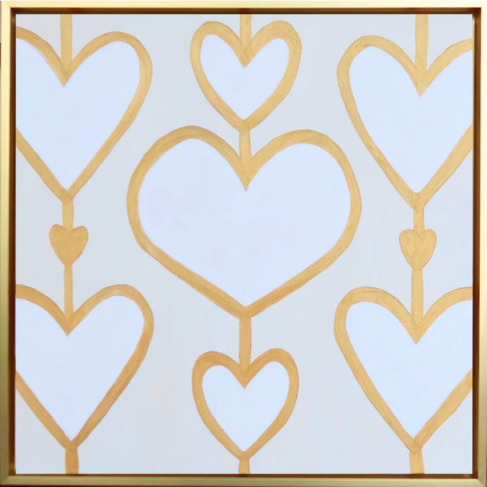 Bold Hearts on square canvas The hearts are white and are outlined in gold. They are connected by a gold line. There are three rows of hearts on a cream background. This painting is in a gold float frame.