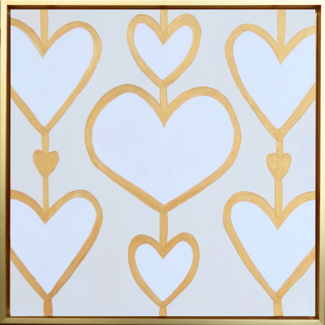 Bold Hearts on square canvas The hearts are white and are outlined in gold. They are connected by a gold line. There are three rows of hearts on a cream background. This painting is in a gold float frame.