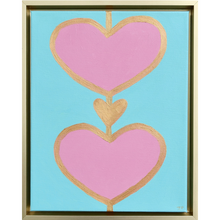 Load image into Gallery viewer, Original Heart Painting on Canvas. Pink hearts outlined in gold on a teal background. This is a veritical painting measuring 11 x 14 inches and comes in a gold float frame. Modern style hearts. Original Heart Pop Art painting on Canvas.
