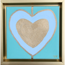 Load image into Gallery viewer, Original Heart Art on Canvas. Gold and blue hearts on a green background in a square gold frame. This is a modern style heart paintng. Colorful and happy heart art.
