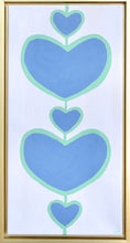 Load image into Gallery viewer, Original Heartstrings V heart painting on canvas featuring five blue and green hearts in a gold float frame.
