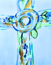 Load image into Gallery viewer, The Hope Cross is a colorful abstract cross with shades of blue, green, white and gold. It has a floral pattern on the cross with a light blue background.
