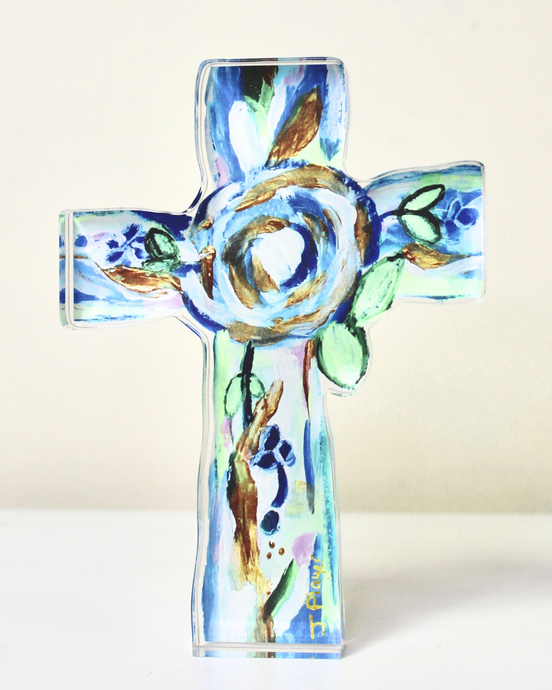 Hope Cross Acrylic Block Art featuring an abstract floral cross in blue, green, pink, gold, and white by Jeanne Player Fine Art. This is a freestanding acrylic block cutout cross.  Would make a perfect gift for new babies, weddings, Easter, Christmas, Mother's Day or for a Christian friend.