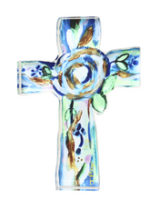 Load image into Gallery viewer, The Hope Cross is a freestanding acrylic block. This colorful cross has shades of blue, white, green and gold. It is a vertical abstract floral cross shelf sitter.
