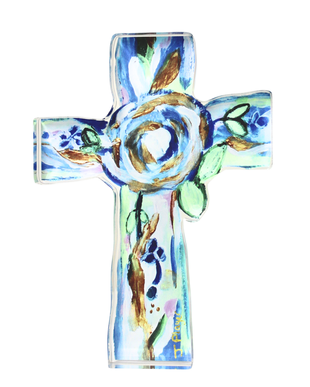 The Hope Cross is a freestanding acrylic block. This colorful cross has shades of blue, white, green and gold. It is a vertical abstract floral cross shelf sitter.