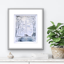 Load image into Gallery viewer, Sewanee Memorial Giclee Print is a reproduction of my original art on paper. This monochrome print has a large cross with a road leading up to it and a snowy sscene all around. There are trees lining the road. It is signed on the front and displayed in a frame.
