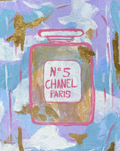 Load image into Gallery viewer, Colorful abstract painting with a Chanel No 5 perfume bottle.  This painting has shades of white, blue, purple, gold,  and teal. It also has gold leaf..
