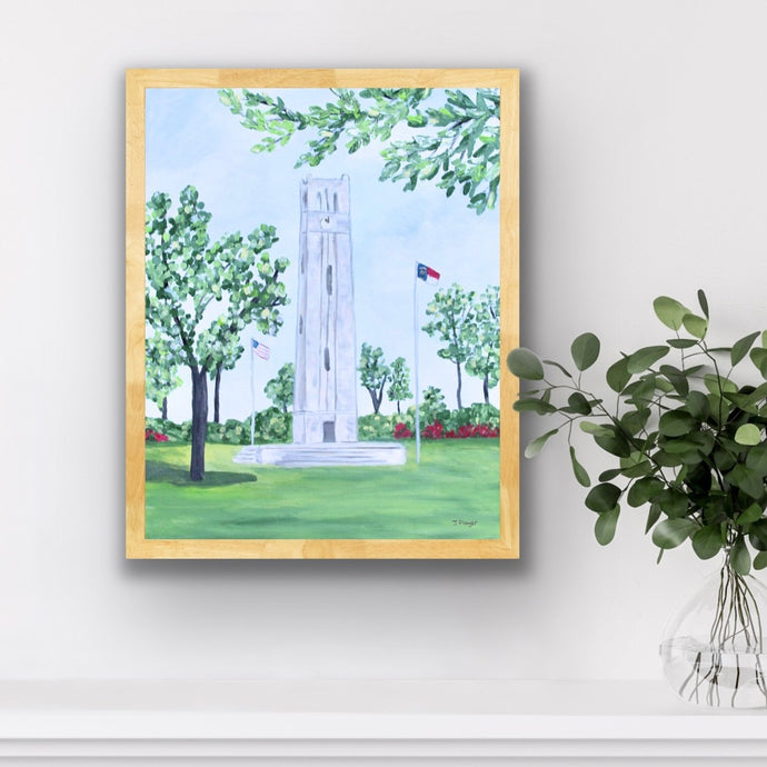 Giclée art print of the NC State Bell Tower in Raleigh, North Carolina. A classic and detailed illustration, perfect for NC State students, graduates, or Wolfpack alumni. 